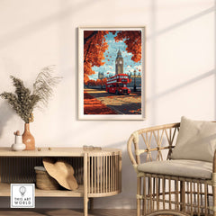 London Travel Print featuring Big Ben and a red bus in a cozy home setting.