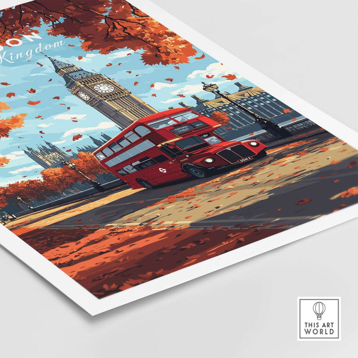 London Travel Print featuring Big Ben and a red bus amidst autumn leaves, capturing the essence of London's charm.