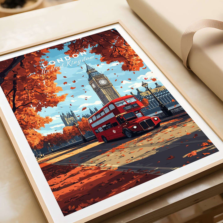 London Travel Print featuring Big Ben and a red bus with autumn leaves, perfect for home decor and wanderlust enthusiasts.