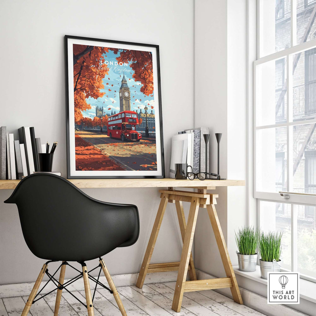 London travel print featuring Big Ben and a red bus, displayed in a stylish home office with contemporary decor.