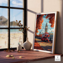 London Travel Print showcasing Big Ben and a red bus, enhancing home decor with iconic London landmarks.