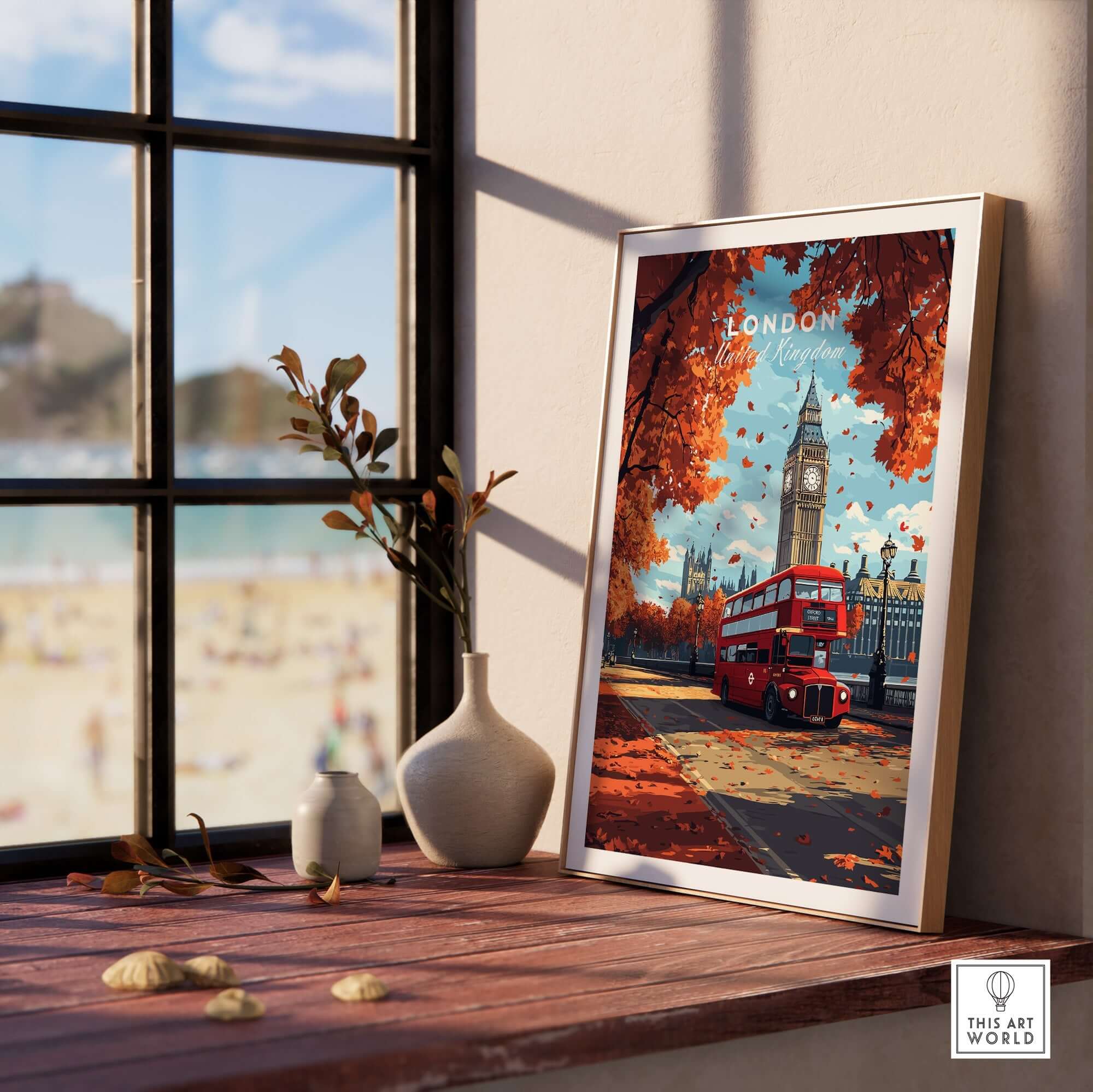 London Travel Print showcasing Big Ben and a red bus, enhancing home decor with iconic London landmarks.