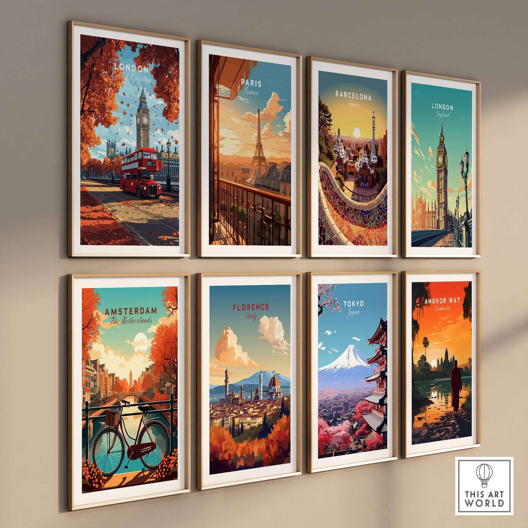 Collection of vintage travel prints featuring London, Paris, Barcelona, Amsterdam, Florence, Tokyo, and Angkor Wat.