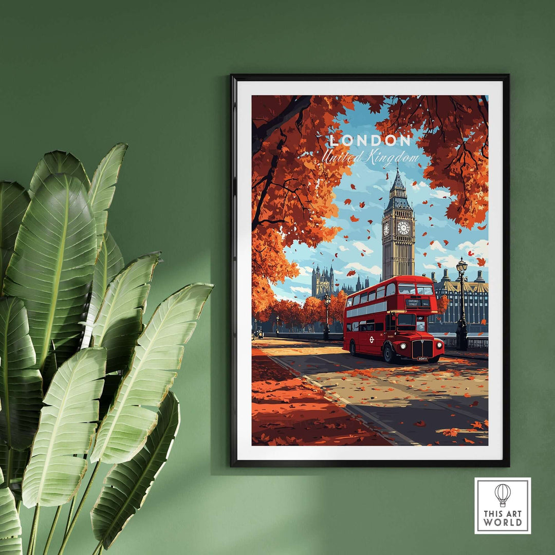 London travel print featuring Big Ben and a red bus amidst autumn leaves, framed on a green wall.