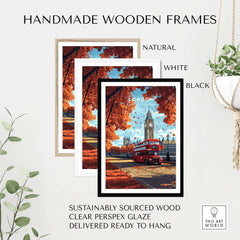 London Travel Print framed in natural, white, and black handmade wooden frames with autumn leaves.