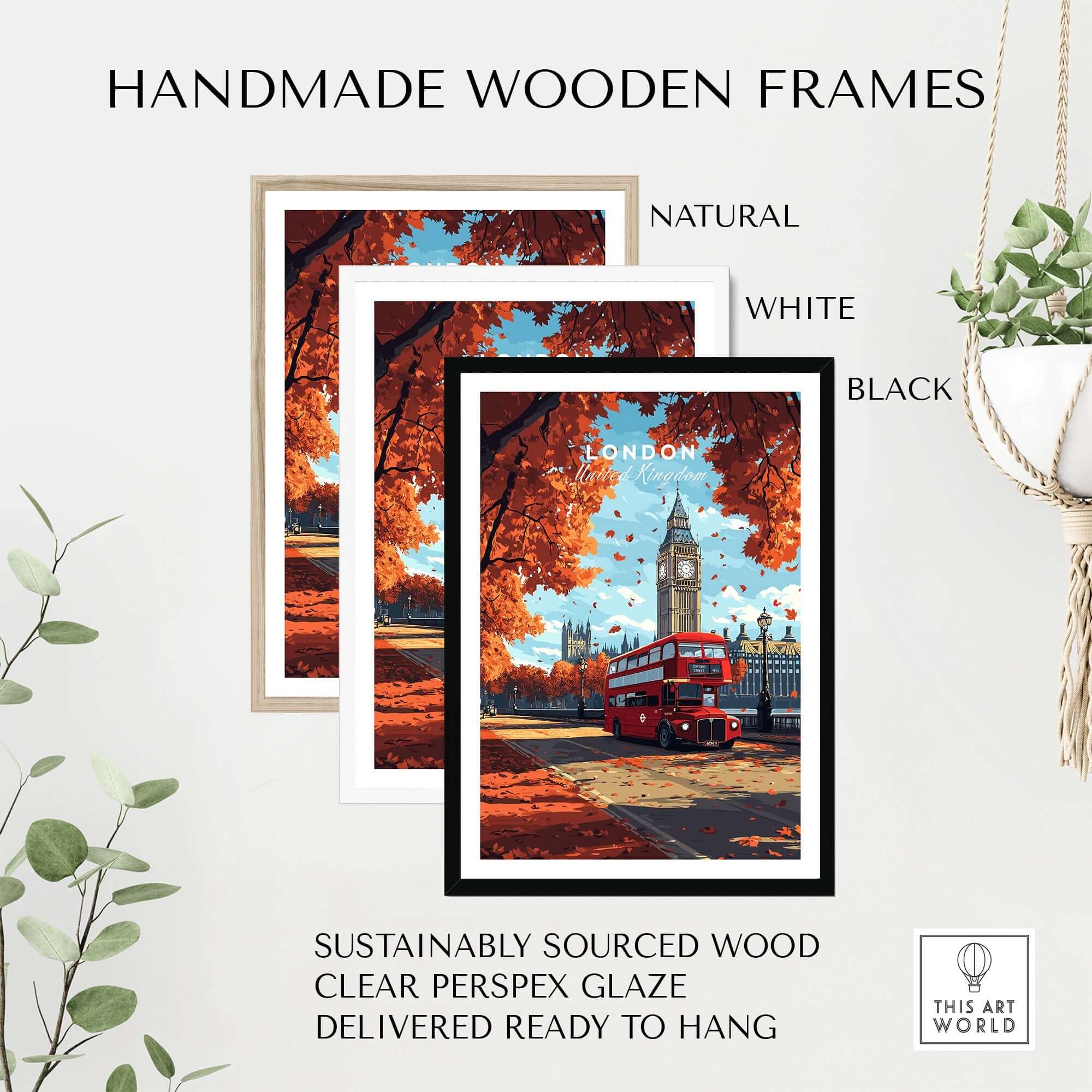London Travel Print framed in natural, white, and black handmade wooden frames with autumn leaves.