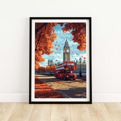 London Travel Print featuring Big Ben and a red bus amidst autumn leaves.