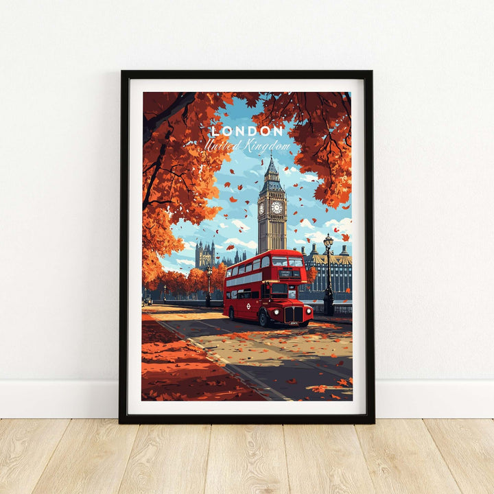 London travel print showcasing Big Ben and a red bus surrounded by autumn foliage. Perfect for wanderlust decor.