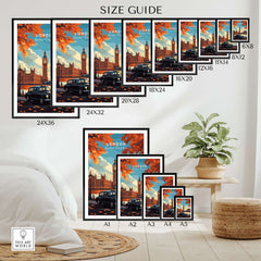 London Wall Art size guide with various dimensions and iconic London landmarks in stylish frames.