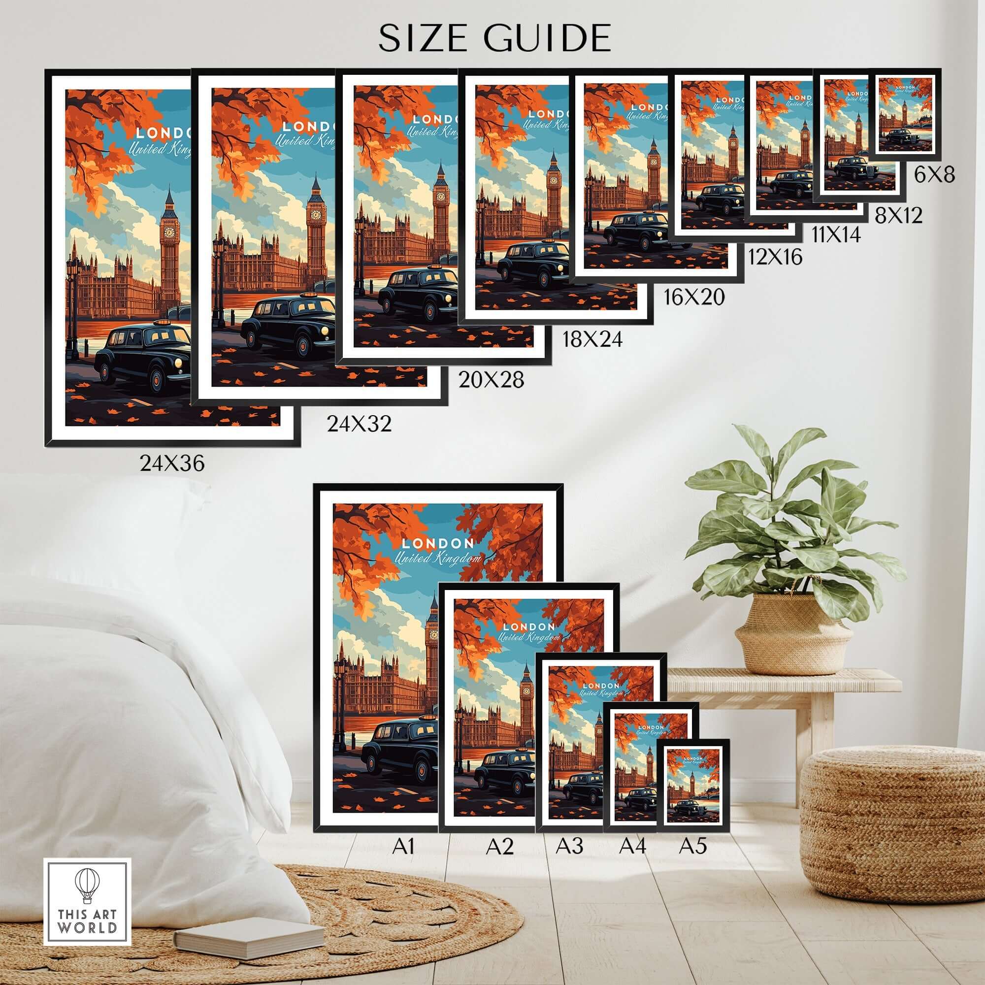 London Wall Art size guide with various dimensions and iconic London landmarks in stylish frames.