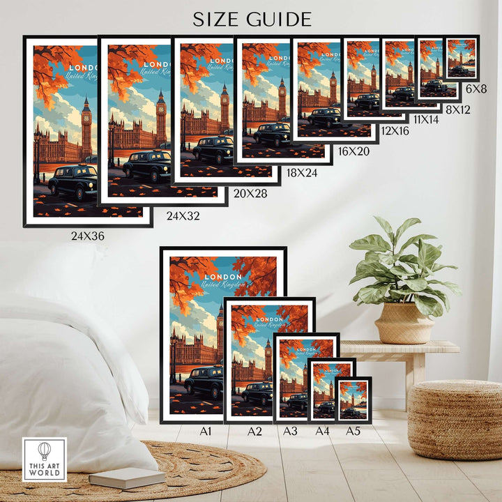 London Wall Art Size Guide showcasing prints of Big Ben and black cabs in various dimensions from 6x8 to 24x36 inches