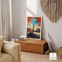 London Wall Art featuring Big Ben and a black cab in an elegant urban setting.