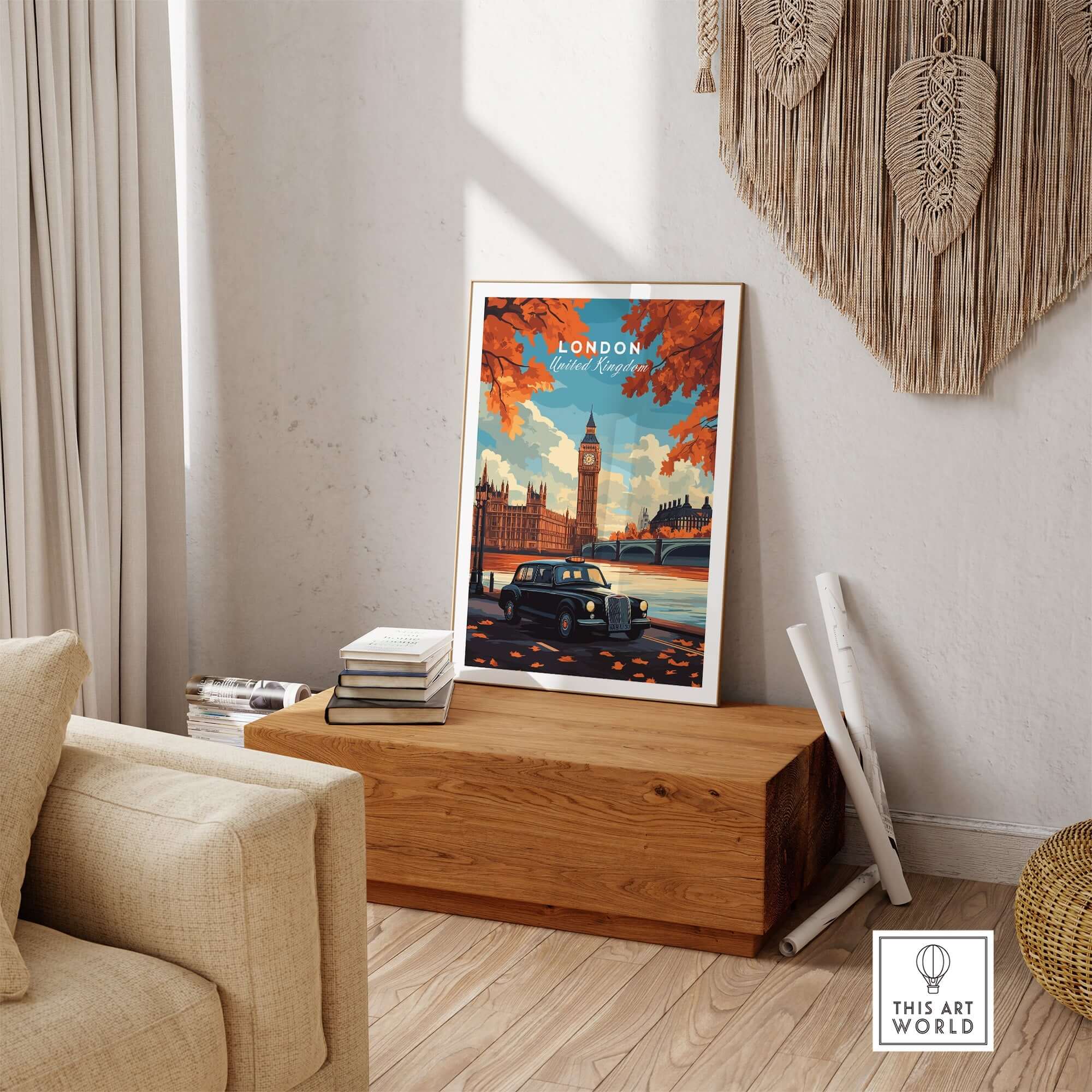 London Wall Art featuring Big Ben and a black cab in an elegant urban setting.