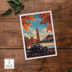 London Wall Art featuring Big Ben and a black cab against an autumn backdrop.