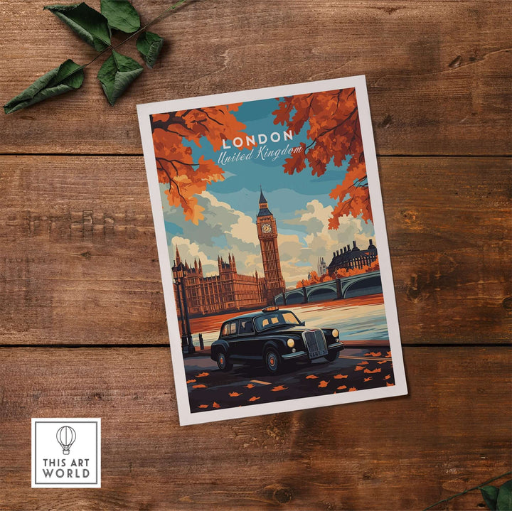 London wall art featuring Big Ben and a black cab with autumn leaves, elegant London travel poster on wooden background.