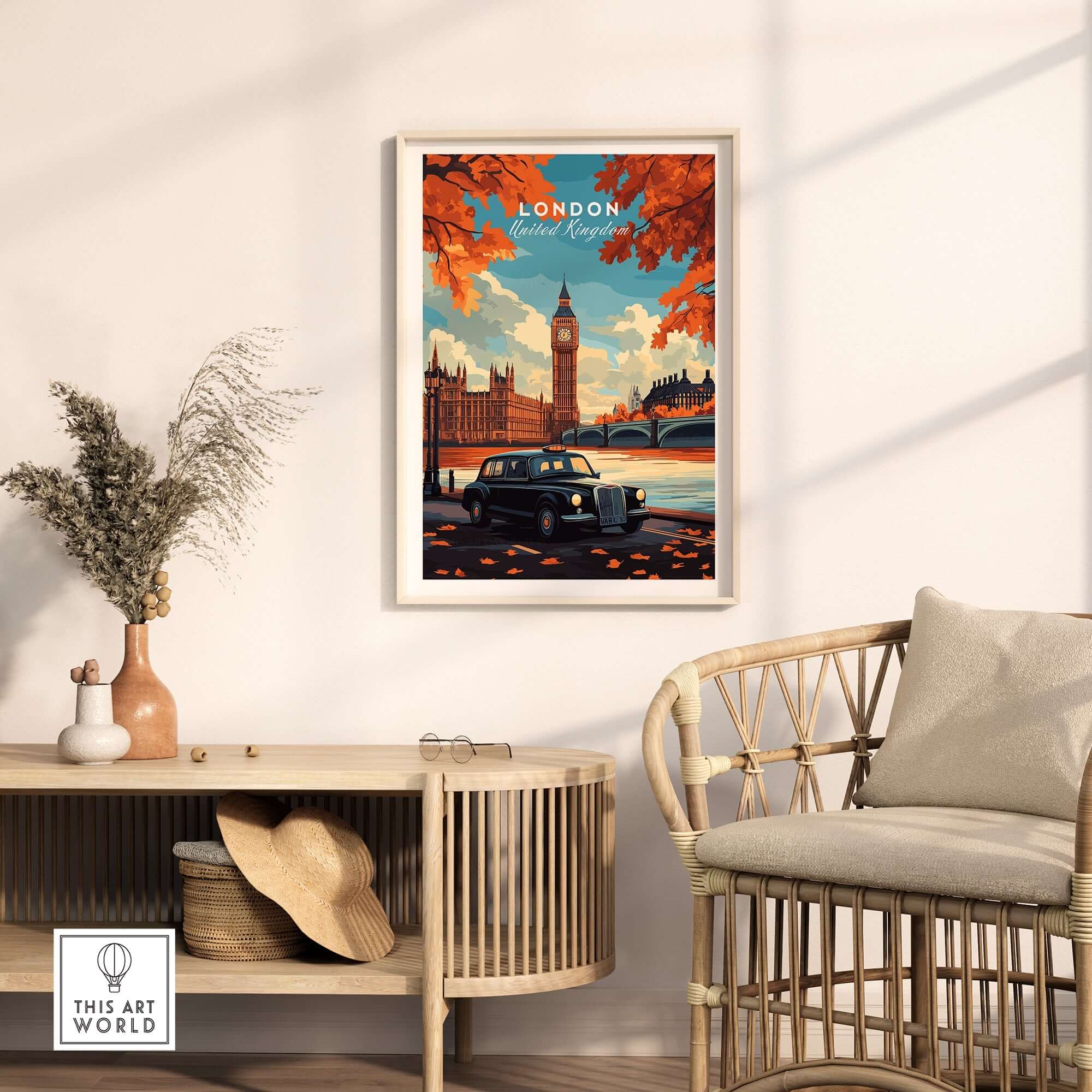 London Wall Art featuring Big Ben and a classic black cab in a stylish interior setting.