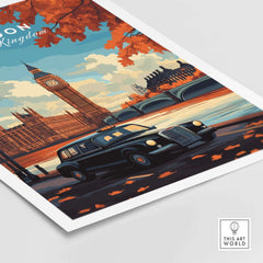 London Wall Art featuring Big Ben and a classic black cab amidst autumn leaves.