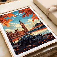 London Wall Art featuring Big Ben and a black cab with autumn leaves.