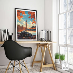 London Wall Art featuring Big Ben and a classic black cab in a modern interior setting.