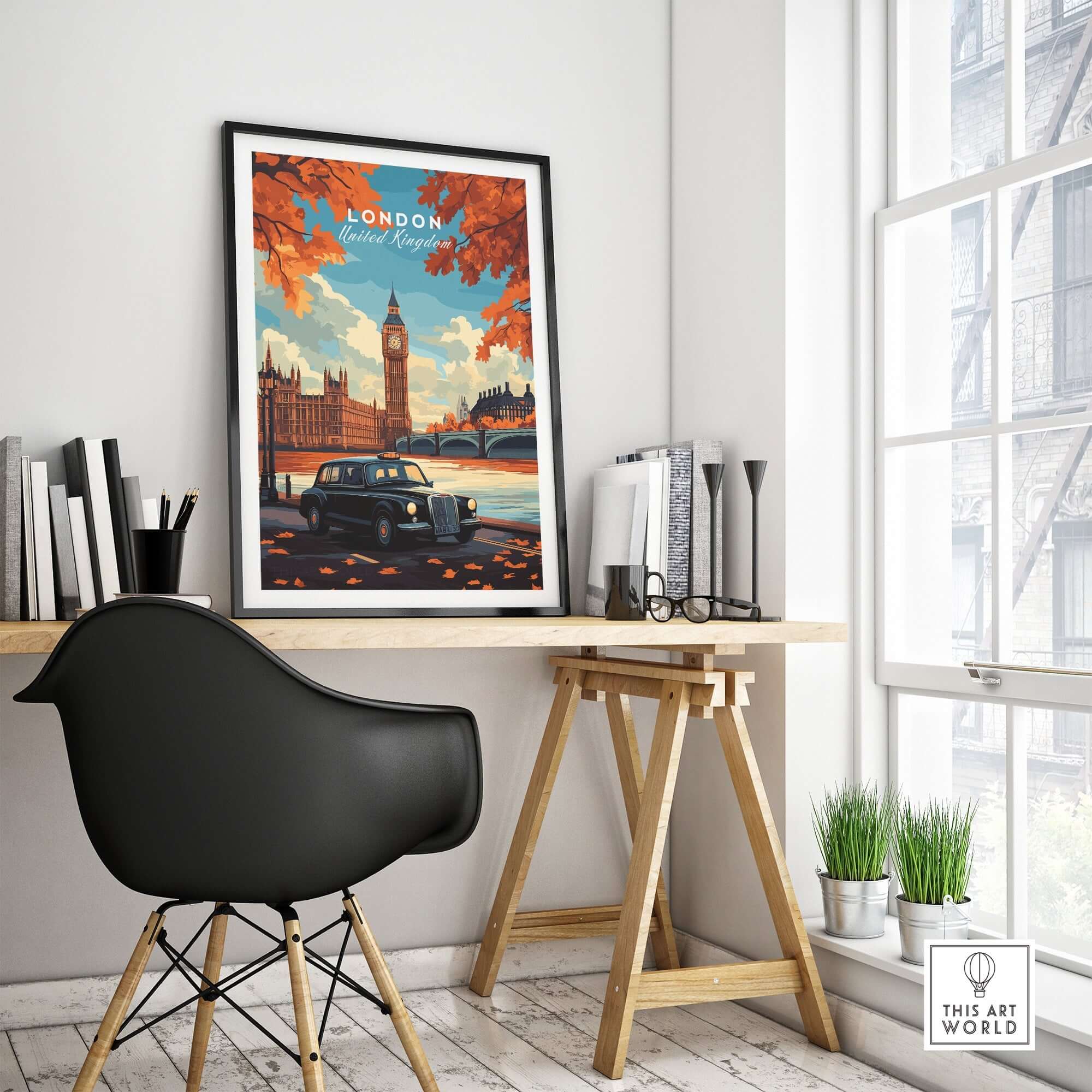 London Wall Art featuring Big Ben and a classic black cab in a modern interior setting.