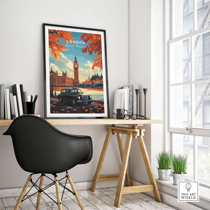 London wall art featuring Big Ben and a black cab, adding sophistication and luxury to a modern workspace with a desk and chair.