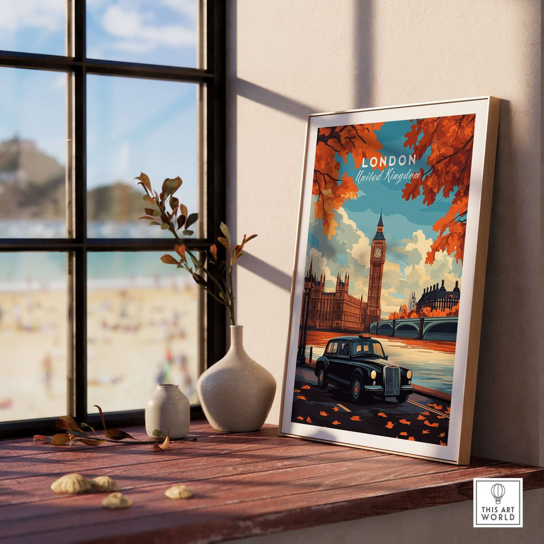 London Wall Art featuring Big Ben and a black cab, displayed on a windowsill with decor, perfect for a sophisticated urban retreat