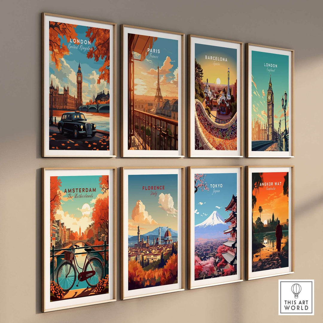 Collection of framed travel posters featuring landmarks from London, Paris, Barcelona, Amsterdam, Florence, Tokyo, and Angkor Wat