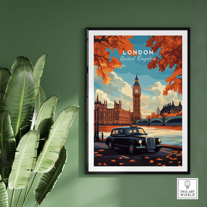 London Wall Art featuring Big Ben and iconic black cab in sophisticated urban setting with autumn leaves