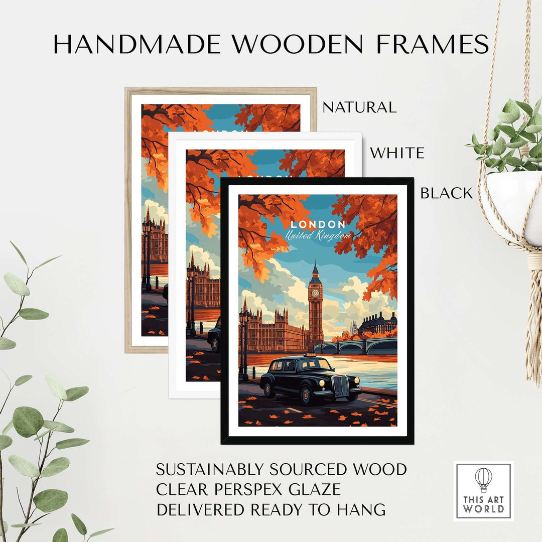 London wall art featuring Big Ben and black cab in handmade wooden frames with natural, white, and black options