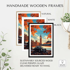 London Wall Art framed in handmade wooden frames in natural, white, and black colors, featuring London landmarks.
