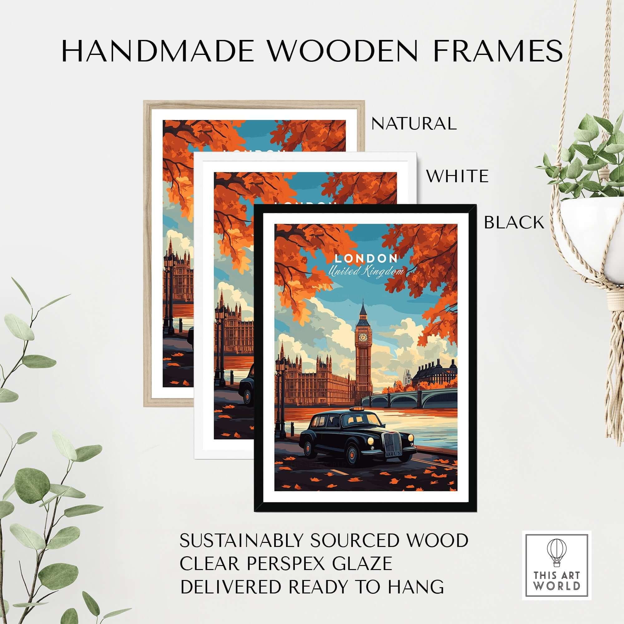 London Wall Art framed in handmade wooden frames in natural, white, and black colors, featuring London landmarks.