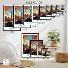 London Wall Art Print size guide showcasing various dimensions and iconic London landmarks.