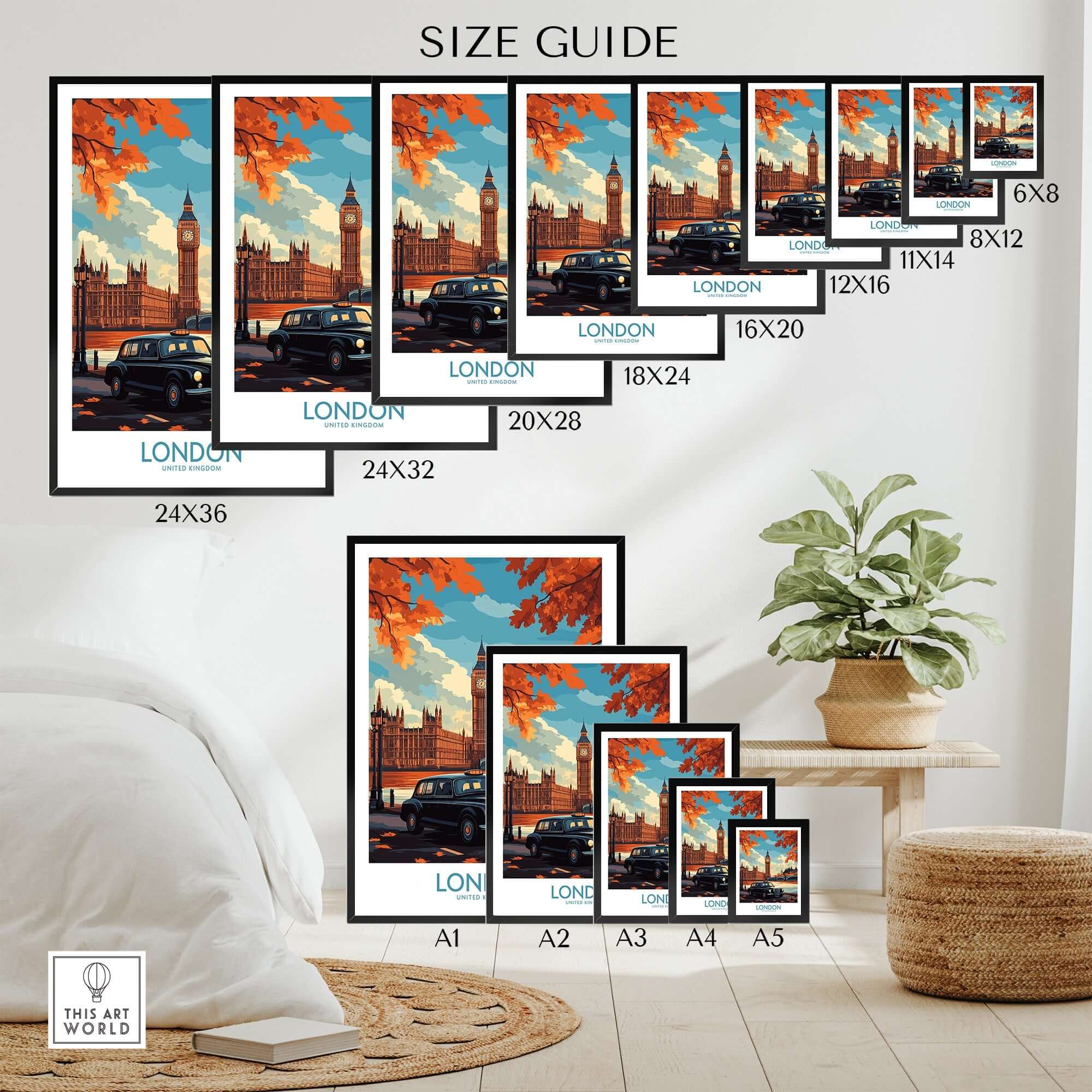 London Wall Art Print size guide showcasing various dimensions and iconic London landmarks.