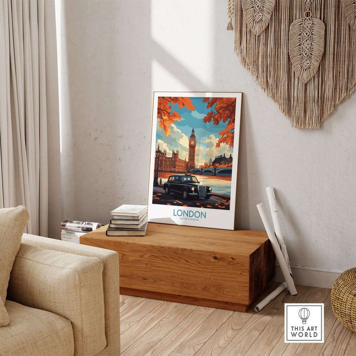 London Wall Art Print featuring Big Ben and Hackney Carriage taxi on wooden shelf for a British-themed home decor.