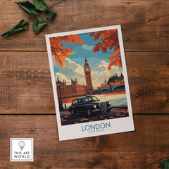 London Wall Art Print featuring Big Ben and a classic Hackney Carriage taxi on a rustic wooden background.