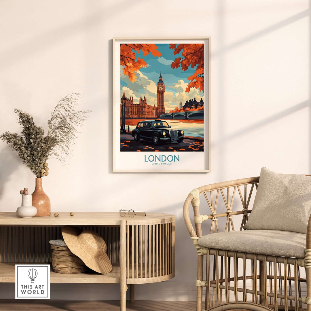 London Wall Art Print featuring Big Ben and Hackney Carriage taxi, perfect for adding British charm to your decor.