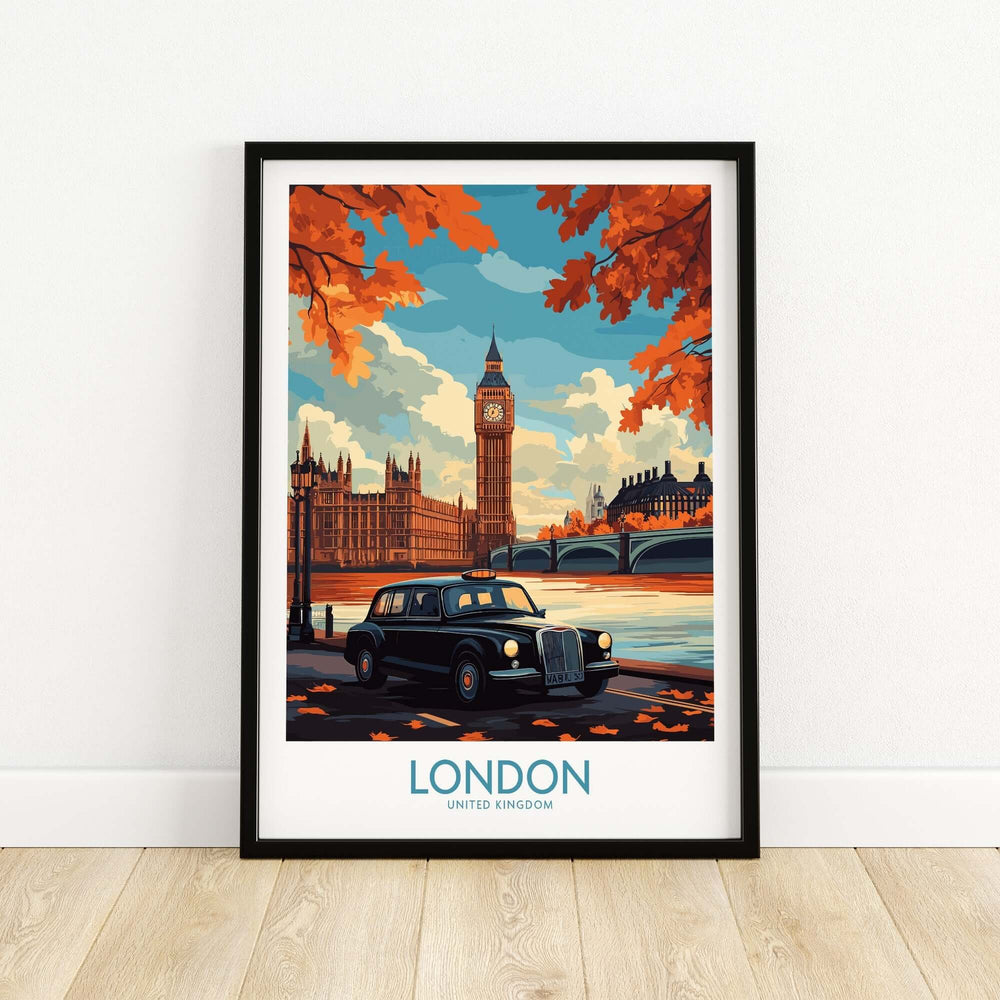 London wall art print featuring Big Ben, Hackney Carriage taxi, and British landmarks, perfect for travel enthusiasts and home decor.