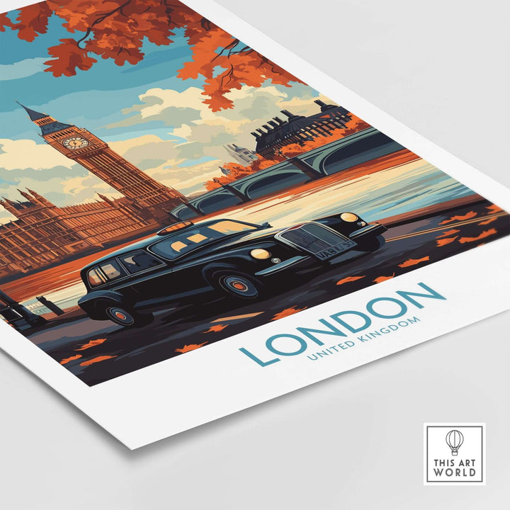 London wall art print featuring Big Ben, classic Hackney Carriage taxi, and iconic London landmarks, perfect for travel enthusiasts.