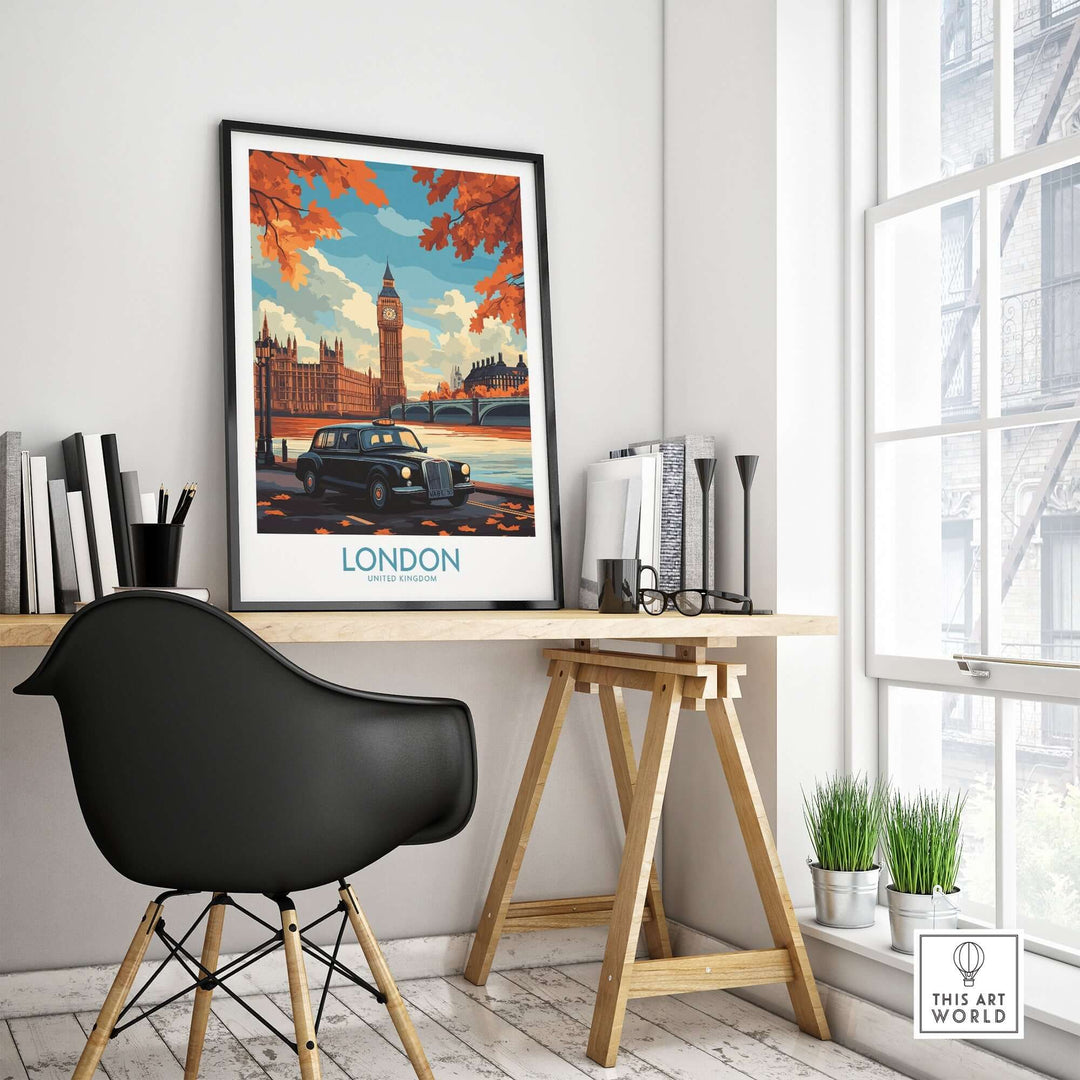 London Wall Art Print featuring Big Ben and Hackney Carriage taxi, displayed in a stylish modern room.