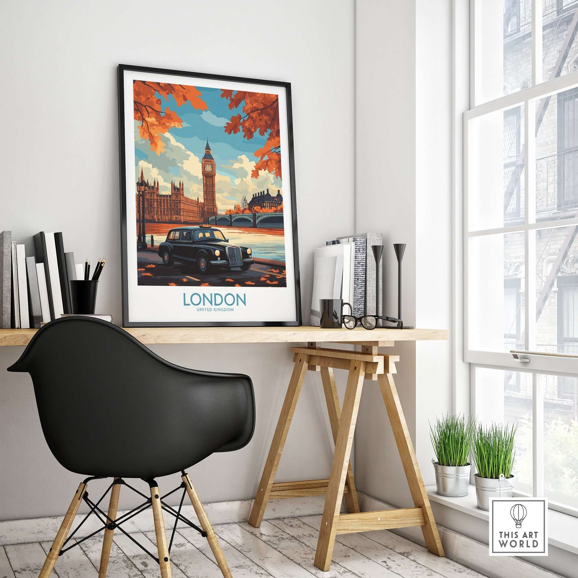 London Wall Art Print featuring Big Ben and a Hackney Carriage taxi in a stylish room setting.