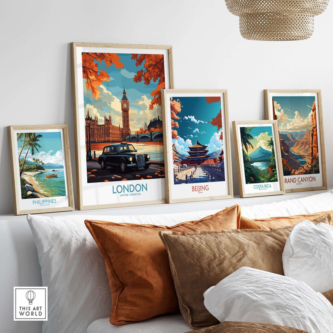 London wall art print featuring Big Ben and a Hackney Carriage taxi alongside travel posters from Beijing, Costa Rica, Grand Canyon, and Philippines