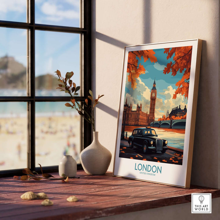 London wall art print featuring Big Ben and Hackney Carriage taxi on a windowsill, perfect for British-themed decor and travel posters.