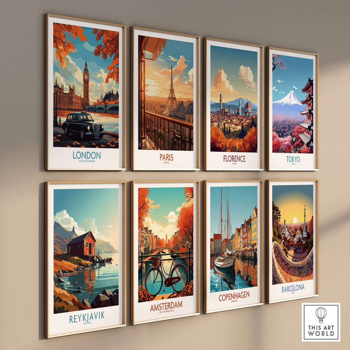 Wall display of travel posters featuring London, Paris, Florence, Tokyo, Reykjavik, Amsterdam, Copenhagen, and Barcelona landmarks.