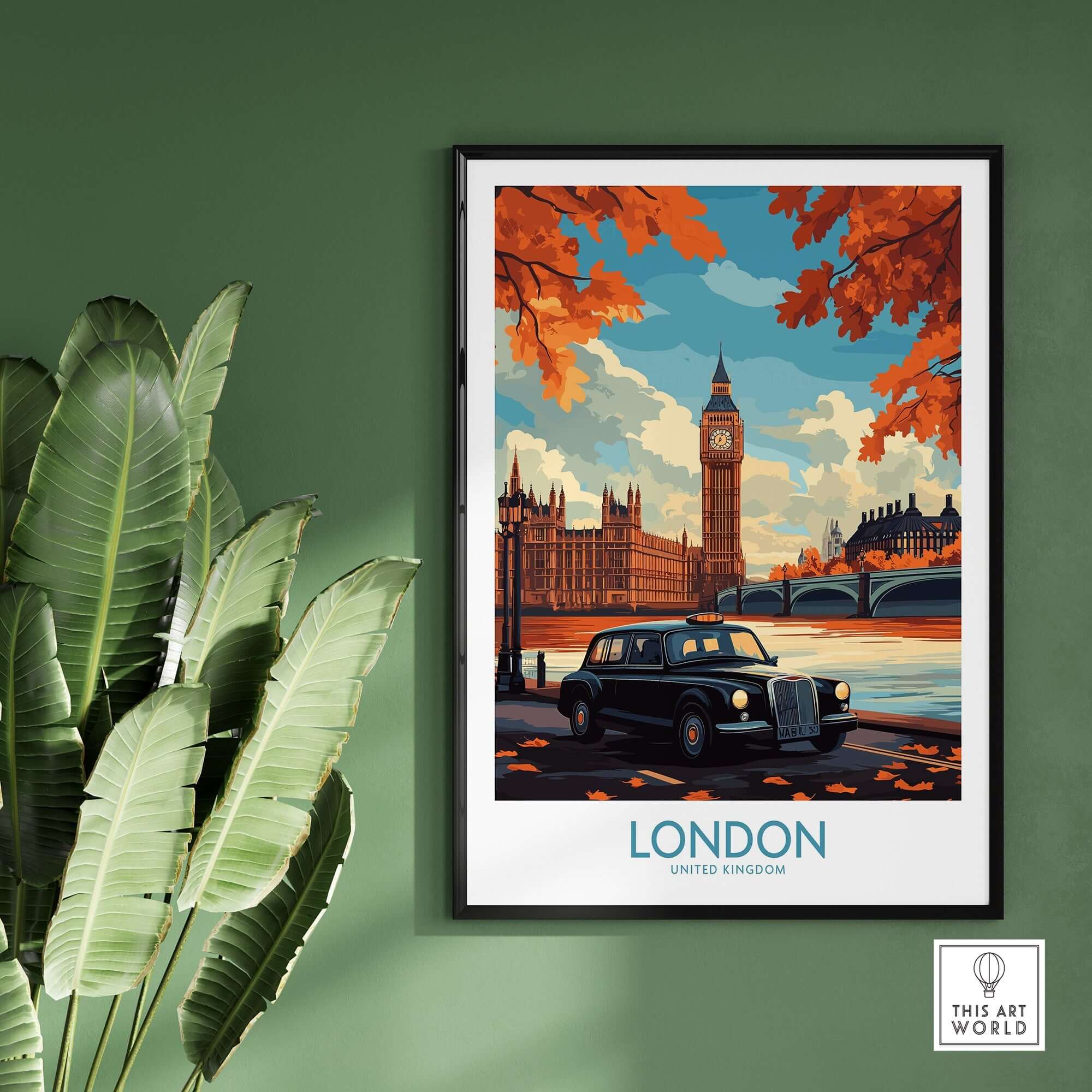 London Wall Art Print featuring Big Ben, Hackney Carriage taxi, and autumn scenery.