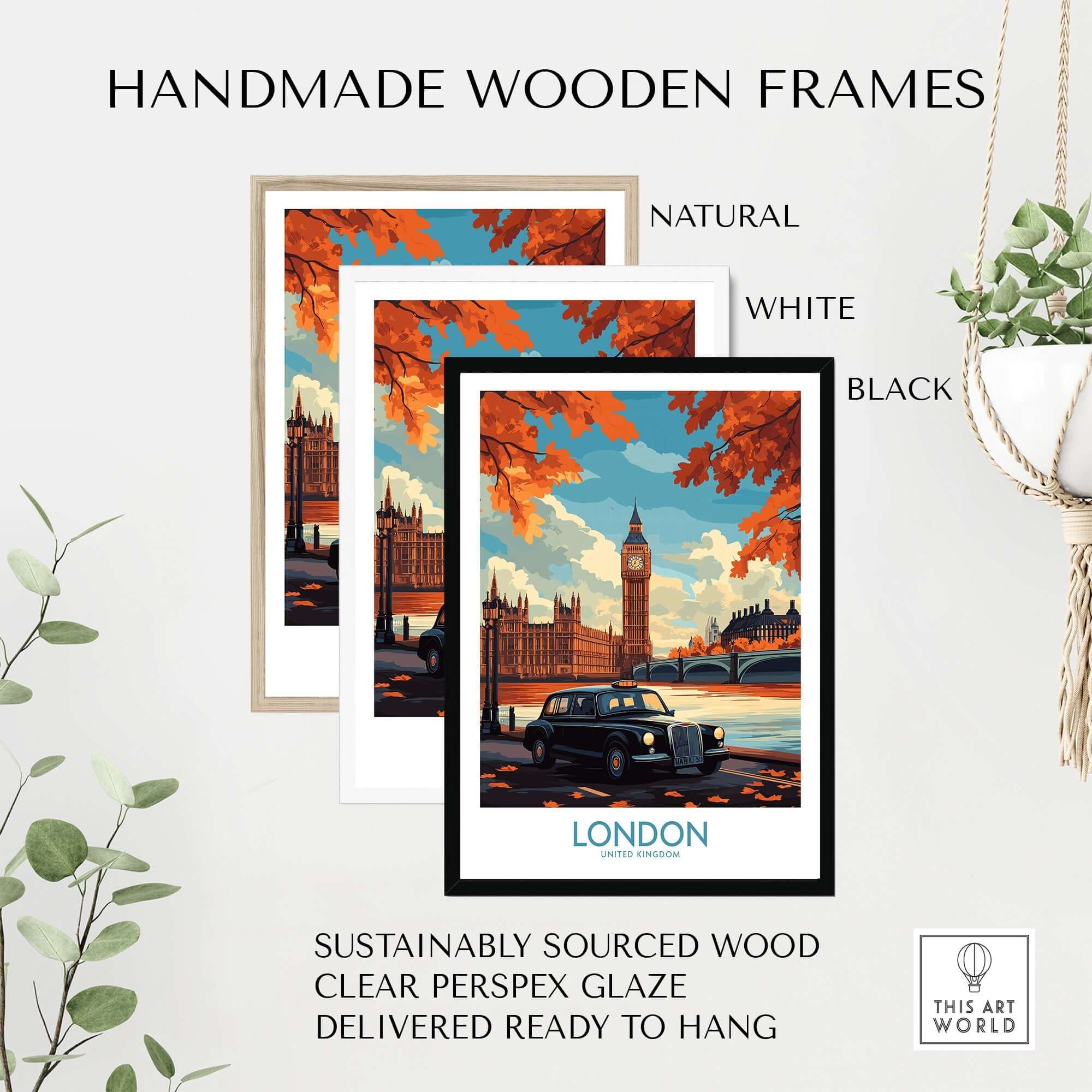 London Wall Art Print displayed in handmade wooden frames in natural, white, and black colors.