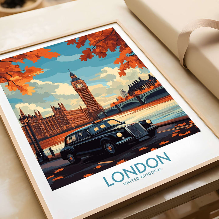 London wall art print featuring Big Ben and a Hackney Carriage taxi, perfect for travelers and London enthusiasts, adds British charm to any space.