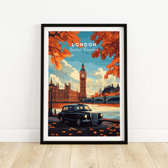 London Wall Art featuring Big Ben and a black cab in an autumn scene.