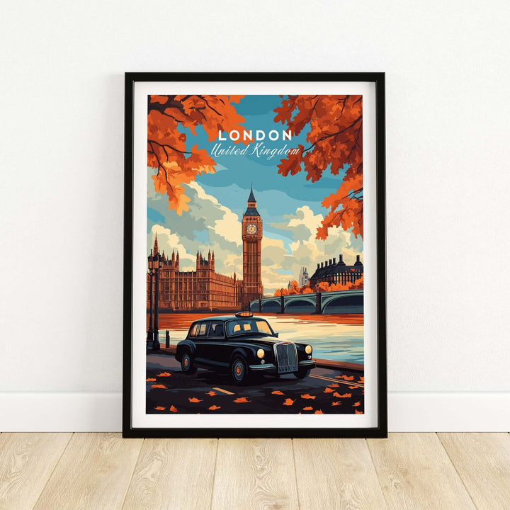 London wall art featuring Big Ben and a black cab under autumn leaves, perfect for an elegant urban decor.