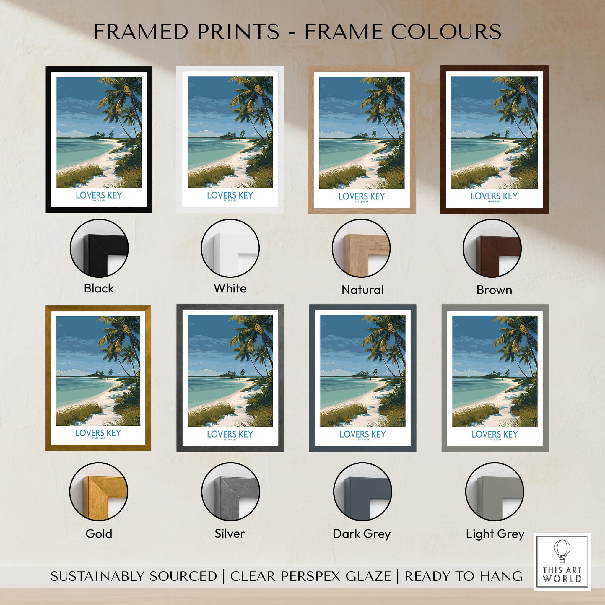 Lovers Key Florida Canvas Print | Tropical Beachfront Scenery Poster framed in various color options including black, white, and gray.