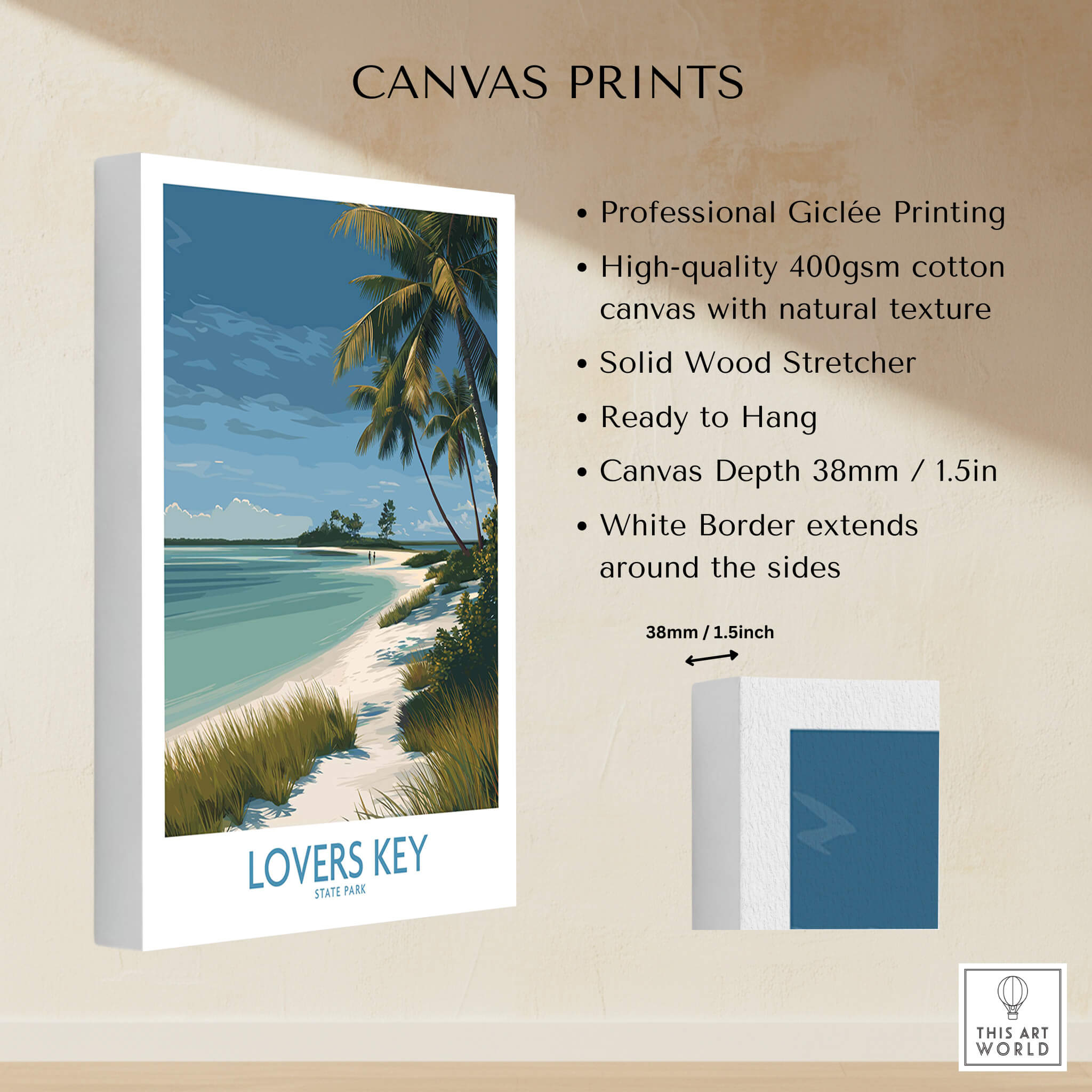 Lovers Key Florida Canvas Print | Tropical Beachfront Scenery Poster showcasing professional Giclée printing and solid wood stretcher.